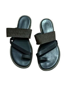 Michael KORS Two-Strap Black & Brown Slide Sandals with Toe Loop